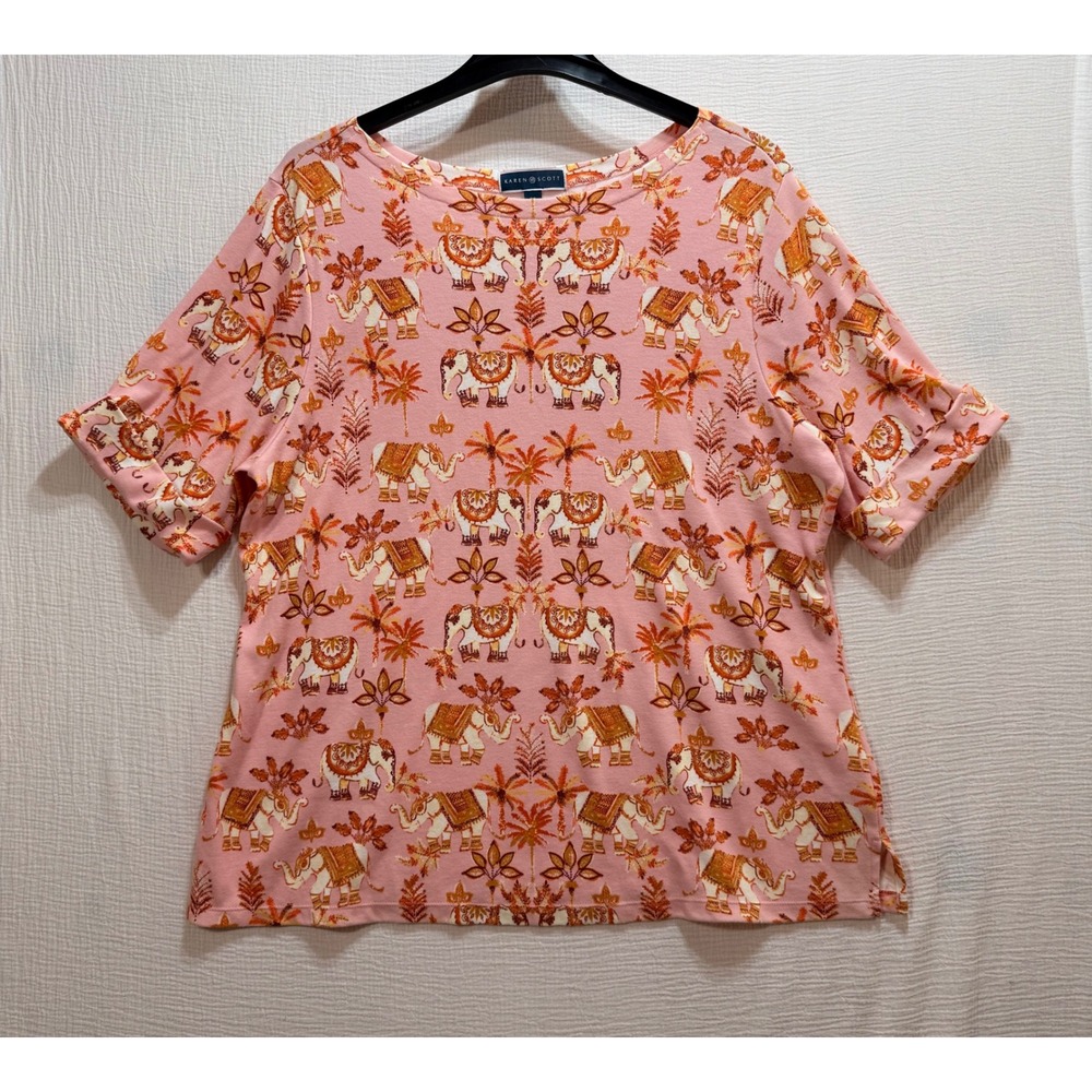 Karen‎ Scott Elephant Print Knit Top Women 3X Pink Short Sleeve Boat Neck Shirt